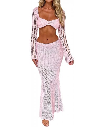 Women 2Pcs Crochet Knit Skirt Set Tube Crop Top + High Waist Bodycon Skirt Cover Up Beachwear Z-pink $13.99 Swimsuits