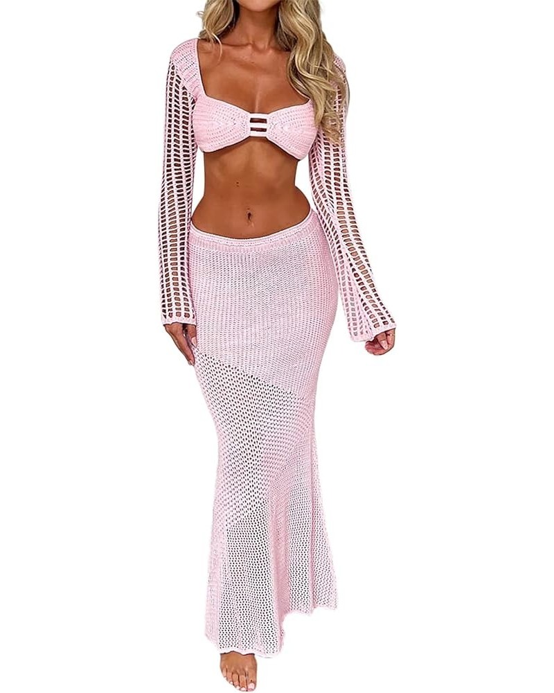 Women 2Pcs Crochet Knit Skirt Set Tube Crop Top + High Waist Bodycon Skirt Cover Up Beachwear Z-pink $13.99 Swimsuits