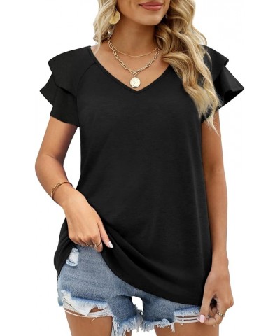 Womens Summer Tops Ruffle Short Sleeve V Neck T-Shirts Casual Loose Fit 1a Black $11.99 T-Shirts