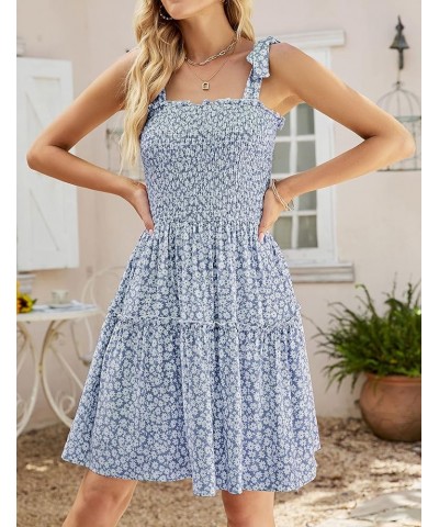 Women's 2024 Summer Boho Floral Printed Spaghetti Strap Square Neck Ruffle A Line Swing Beach Mini Dress Midblue $20.29 Dresses