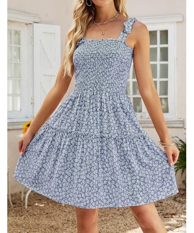 Women's 2024 Summer Boho Floral Printed Spaghetti Strap Square Neck Ruffle A Line Swing Beach Mini Dress Midblue $20.29 Dresses