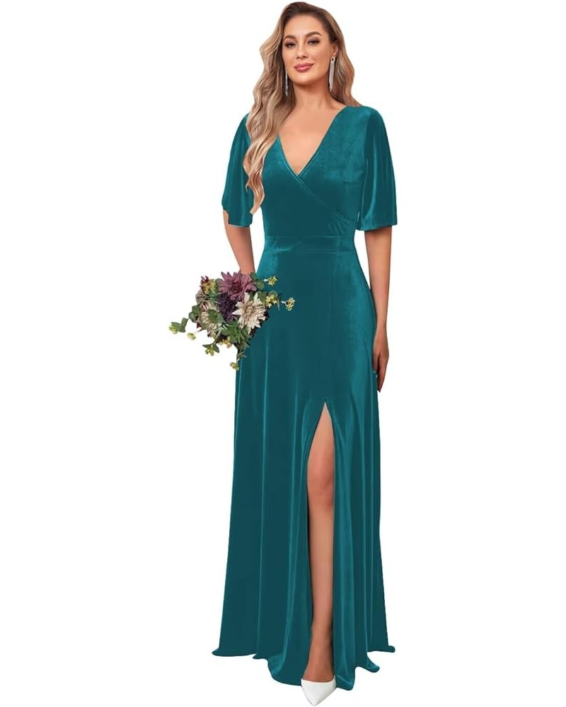 V Neck Velvel Bridesmaid Dresses with Sleeves for Women Wedding Slit A Line Long Formal Dress Evening Gown Peacock $32.93 Dre...