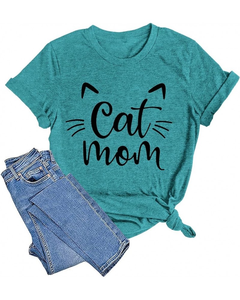 Cat Mom Shirts for Women Cat Mama T-Shirts Pet Lover Gifts Shirts Funny Cat Graphic Tees Shirts Cyan $11.21 T-Shirts