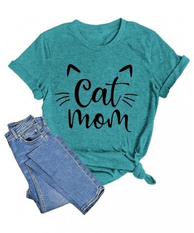 Cat Mom Shirts for Women Cat Mama T-Shirts Pet Lover Gifts Shirts Funny Cat Graphic Tees Shirts Cyan $11.21 T-Shirts