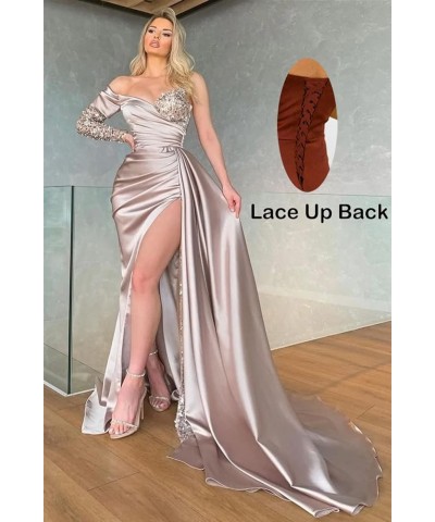 Womens One Shoulder Sequin Prom Dresses Long Sleeve Mermaid Satin Formal Evening Gowns with Slit Burnt Orange $36.90 Dresses