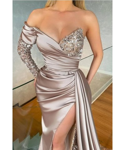 Womens One Shoulder Sequin Prom Dresses Long Sleeve Mermaid Satin Formal Evening Gowns with Slit Burnt Orange $36.90 Dresses