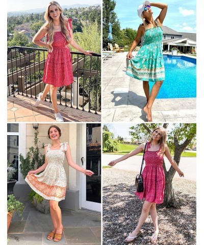 Women's 2024 Summer Boho Floral Printed Spaghetti Strap Square Neck Ruffle A Line Swing Beach Mini Dress Midblue $20.29 Dresses