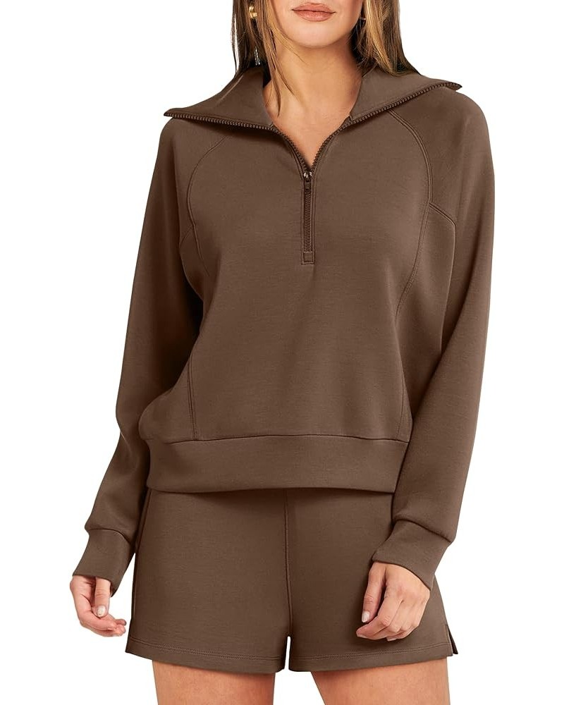 Womens 2 Piece Outfits Oversized Half Zip Sweat Suits Short Sets 2023 Fall Comfy Sweatshirt Matching Lounge Sets Brown $24.29...