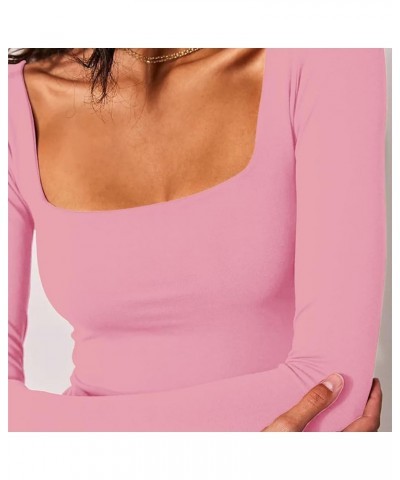 Women's Sexy Square Neck Long Sleeve Top Casual Slim Fitted T Shirt Going Out Y2K Crop Top Pink $5.60 T-Shirts