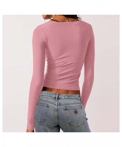 Women's Sexy Square Neck Long Sleeve Top Casual Slim Fitted T Shirt Going Out Y2K Crop Top Pink $5.60 T-Shirts