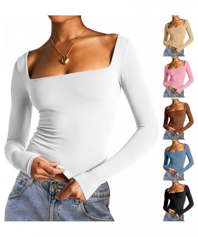 Women's Sexy Square Neck Long Sleeve Top Casual Slim Fitted T Shirt Going Out Y2K Crop Top Pink $5.60 T-Shirts