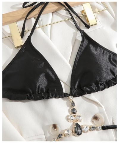 Women's Satin 2 Piece Rhinestone Bathing Suit High Waisted Swimsuit Bikini Set Black $17.04 Swimsuits