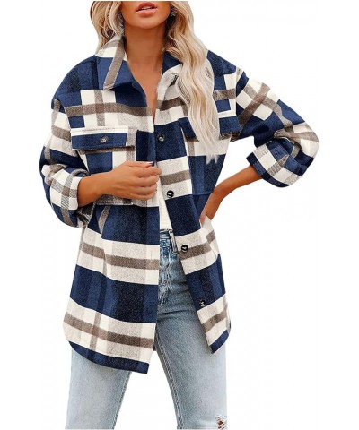 Brushed Plaid Shirts for Women Long Sleeve Flannel Lapel Button Down Tops Blouse Shacket Jacket Coats with Pockets 03 Blue $1...