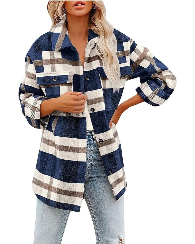 Brushed Plaid Shirts for Women Long Sleeve Flannel Lapel Button Down Tops Blouse Shacket Jacket Coats with Pockets 03 Blue $1...