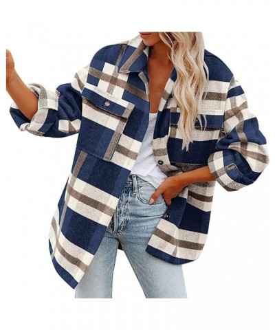 Brushed Plaid Shirts for Women Long Sleeve Flannel Lapel Button Down Tops Blouse Shacket Jacket Coats with Pockets 03 Blue $1...