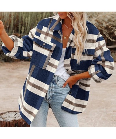 Brushed Plaid Shirts for Women Long Sleeve Flannel Lapel Button Down Tops Blouse Shacket Jacket Coats with Pockets 03 Blue $1...