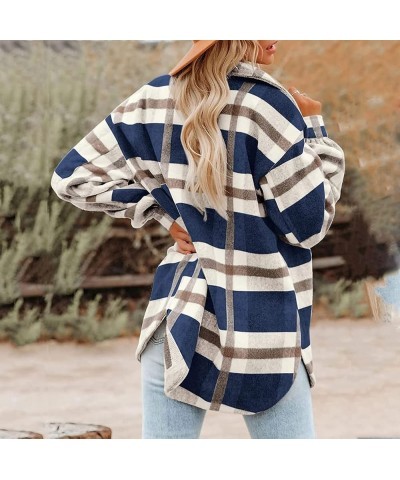 Brushed Plaid Shirts for Women Long Sleeve Flannel Lapel Button Down Tops Blouse Shacket Jacket Coats with Pockets 03 Blue $1...