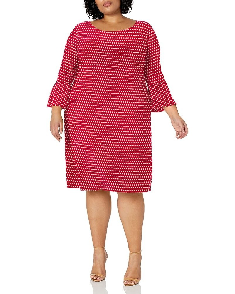 Women's Plus-Size Modest Soft Knit Bell-Sleeve Midi-Length Dress Red/White Dot $14.07 Dresses