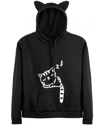 Women Teen Girls Cat Hoodie Sweatshirt Cute Cat Ear Sleeping Cat Printed Pullover Sweatshirt Black $10.50 Hoodies & Sweatshirts