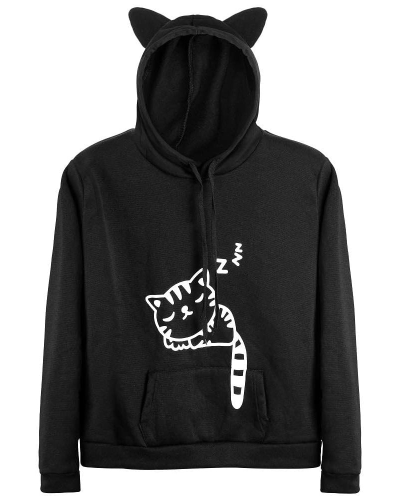 Women Teen Girls Cat Hoodie Sweatshirt Cute Cat Ear Sleeping Cat Printed Pullover Sweatshirt Black $10.50 Hoodies & Sweatshirts