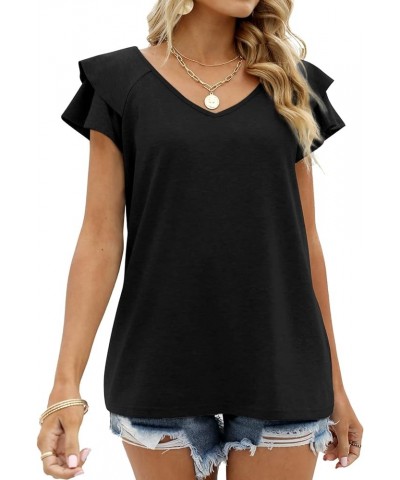 Womens Summer Tops Ruffle Short Sleeve V Neck T-Shirts Casual Loose Fit 1a Black $11.99 T-Shirts