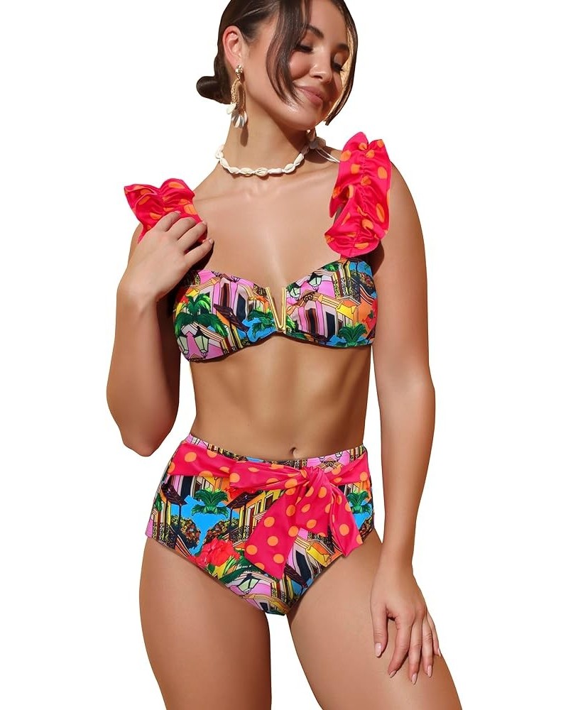 Women High Waisted Swimsuit Flounce Straps Bikini Bathing Suit Hotle $23.77 Swimsuits