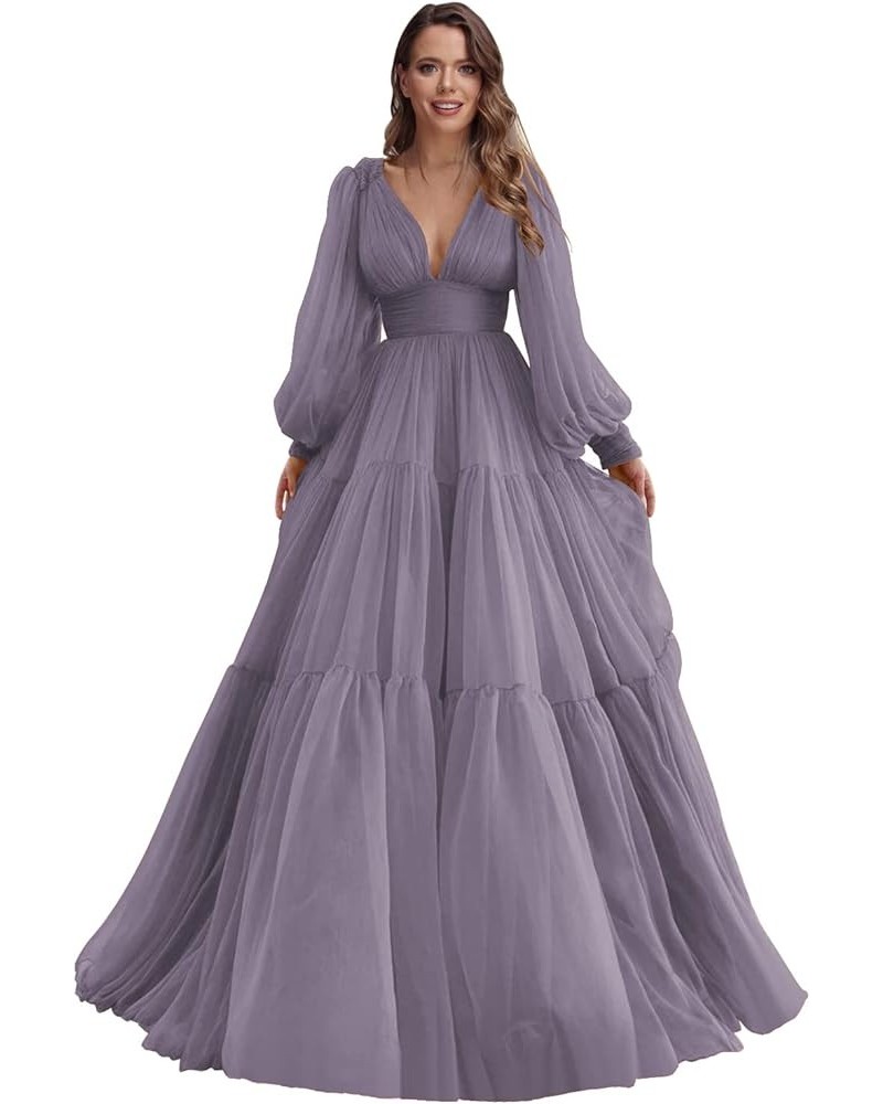 Long Puffy Sleeve Prom Dress V Neck A-Line Ball Gown Chiffon Formal Evening Gowns for Women RS008 Wisteria $38.47 Dresses