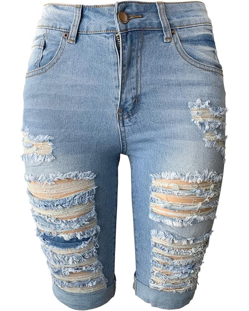 Womens Middle Rise Stretchy Denim Shorts Knee Length Curvy Bermuda Stretch Short Jeans Ripped Light Blue $15.58 Shorts