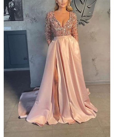 V Neck Long Sleeve Sequin Satin Prom Dresses 2022 Mermaid Formal Gown and Evening Dress with Slit White $33.11 Dresses