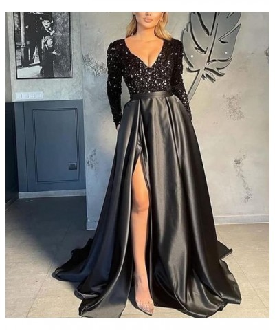 V Neck Long Sleeve Sequin Satin Prom Dresses 2022 Mermaid Formal Gown and Evening Dress with Slit White $33.11 Dresses