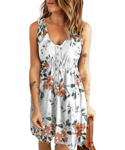 Women's Casual Sleeveless T-Shirt Dresses Summer V Neck Button Down Swing Short Dress B-floral Print White $21.65 Dresses