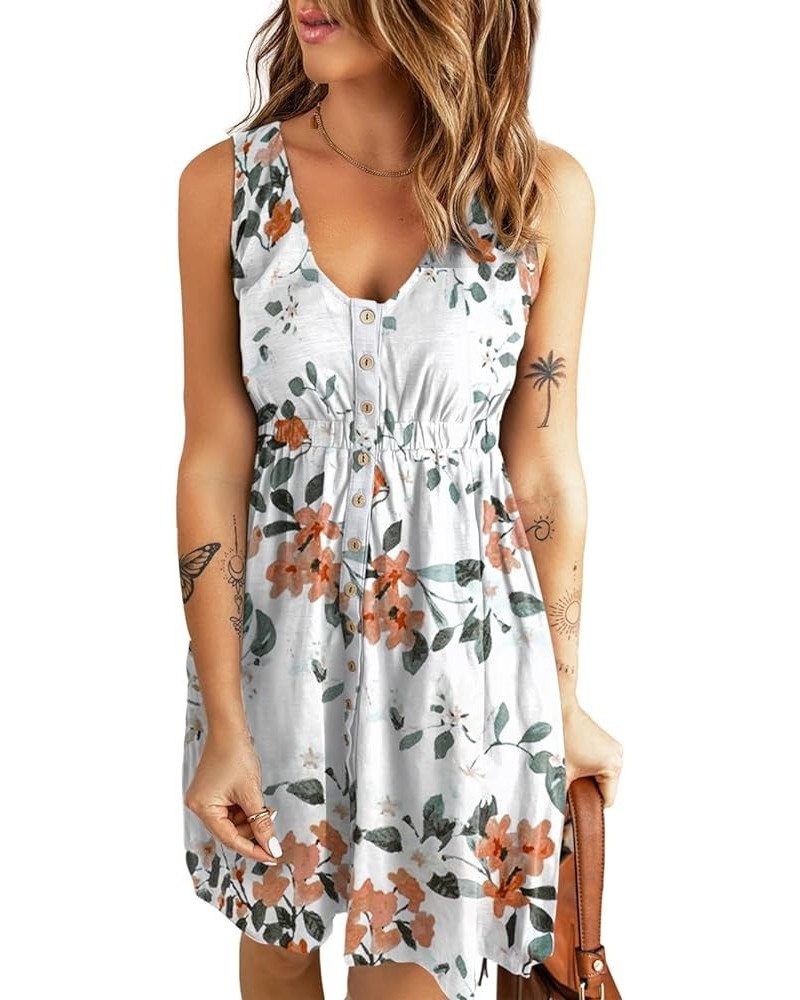 Women's Casual Sleeveless T-Shirt Dresses Summer V Neck Button Down Swing Short Dress B-floral Print White $21.65 Dresses