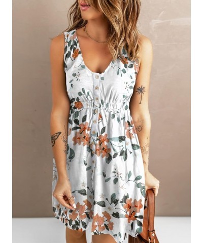 Women's Casual Sleeveless T-Shirt Dresses Summer V Neck Button Down Swing Short Dress B-floral Print White $21.65 Dresses