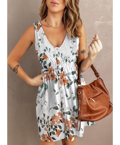 Women's Casual Sleeveless T-Shirt Dresses Summer V Neck Button Down Swing Short Dress B-floral Print White $21.65 Dresses