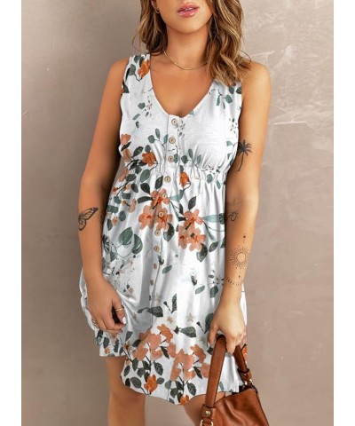 Women's Casual Sleeveless T-Shirt Dresses Summer V Neck Button Down Swing Short Dress B-floral Print White $21.65 Dresses