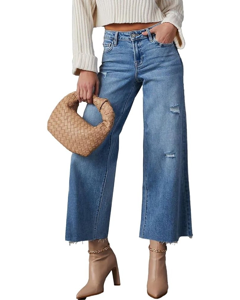 Women's High Waisted Straight Wide Leg Ripped Jeans Frayed Hem Stretchy Capri Denim Pants Blue $23.00 Jeans