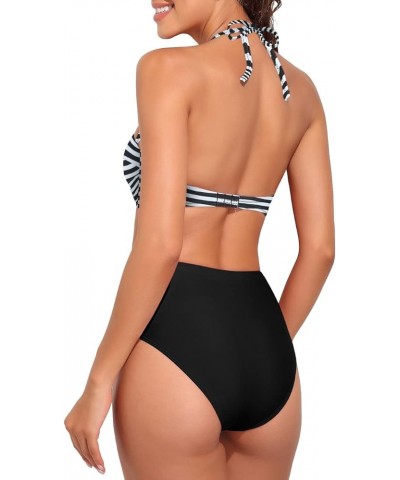 Bandeau Two Piece Bathing Suits for Women with Strap Retro High Waisted Swimsuits Sexy Push Up Bikini Swimwear Black Stripes ...