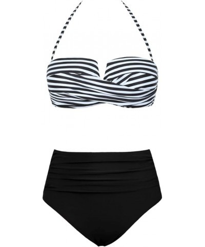 Bandeau Two Piece Bathing Suits for Women with Strap Retro High Waisted Swimsuits Sexy Push Up Bikini Swimwear Black Stripes ...