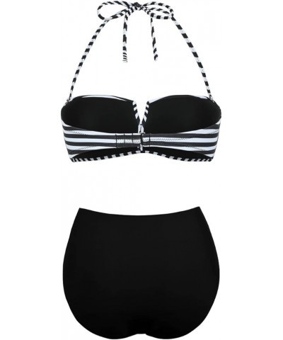 Bandeau Two Piece Bathing Suits for Women with Strap Retro High Waisted Swimsuits Sexy Push Up Bikini Swimwear Black Stripes ...