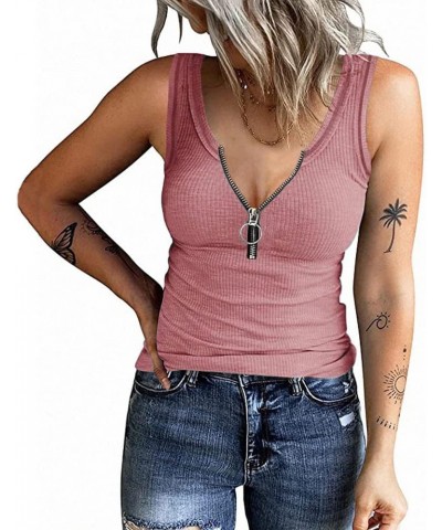 Women's Henley Sleeveless Tank Tops Front Zipper Ribbed V Neck T Shirt Summer Slim Fit Tops Knit Shirts Wine Red $14.49 Tanks