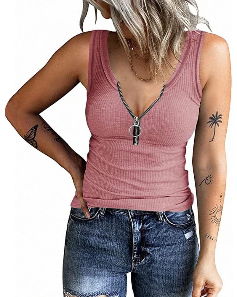 Women's Henley Sleeveless Tank Tops Front Zipper Ribbed V Neck T Shirt Summer Slim Fit Tops Knit Shirts Wine Red $14.49 Tanks