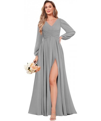 Long Sleeve Bridesmaid Dresses for Wedding A-Line Chiffon Formal Evening Gown with Slit Silver $24.20 Dresses