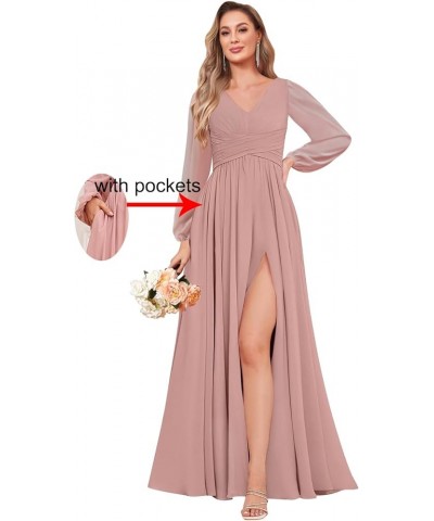 Long Sleeve Bridesmaid Dresses for Wedding A-Line Chiffon Formal Evening Gown with Slit Silver $24.20 Dresses