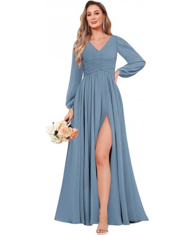 Long Sleeve Bridesmaid Dresses for Wedding A-Line Chiffon Formal Evening Gown with Slit Silver $24.20 Dresses