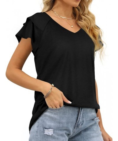 Womens Summer Tops Ruffle Short Sleeve V Neck T-Shirts Casual Loose Fit 1a Black $11.99 T-Shirts