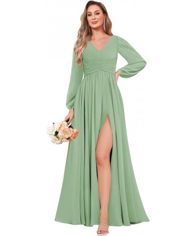 Long Sleeve Bridesmaid Dresses for Wedding A-Line Chiffon Formal Evening Gown with Slit Silver $24.20 Dresses