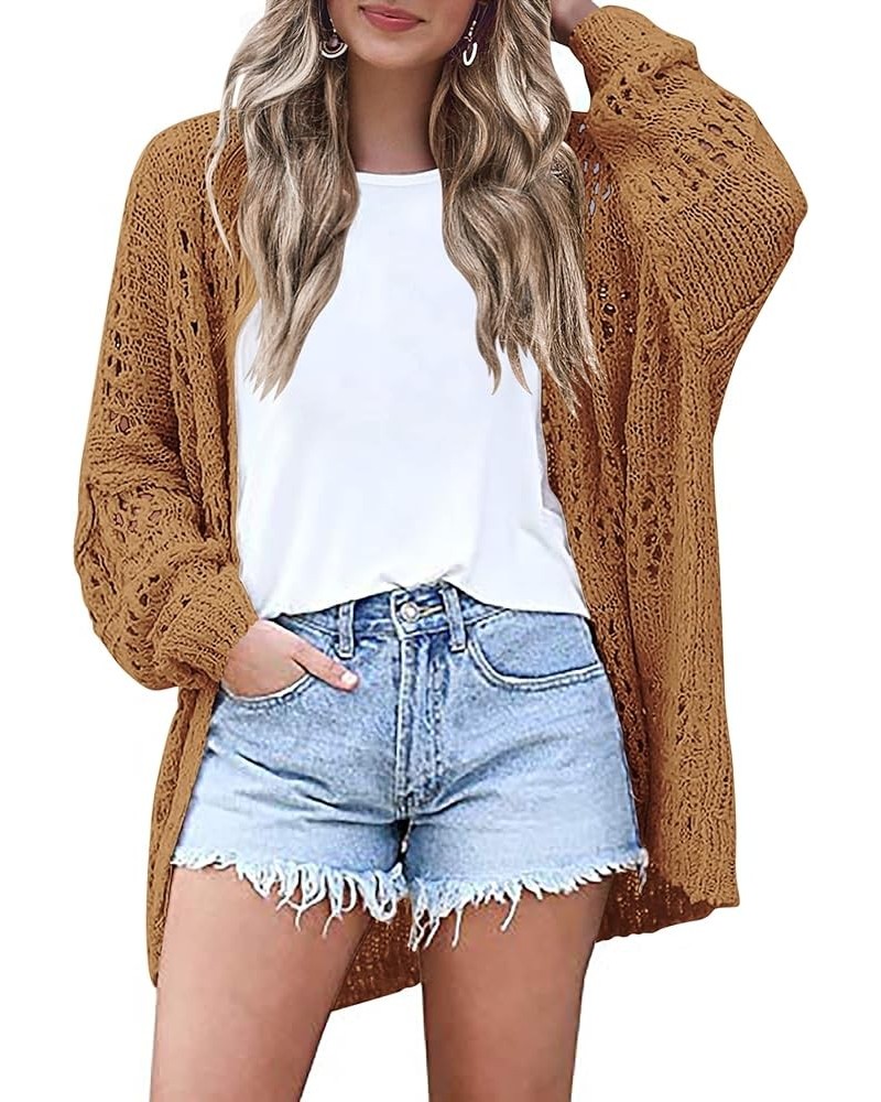 Lightweight Crochet Cardigan for Women Long Sleeve Open Front Knit Oversized Cardigans Sweaters Brown $21.27 Sweaters