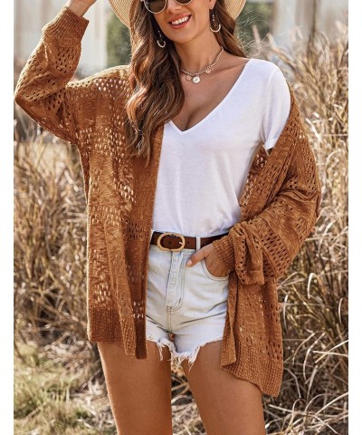 Lightweight Crochet Cardigan for Women Long Sleeve Open Front Knit Oversized Cardigans Sweaters Brown $21.27 Sweaters