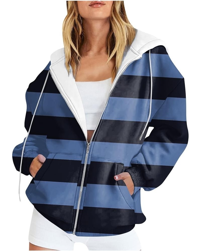 Womens Hoodies,Women's Casual Fashion Striped Printed Long Sleeve Pullover Hoodies Zipper Sweatshirts Coat 1-dark Blue $12.38...