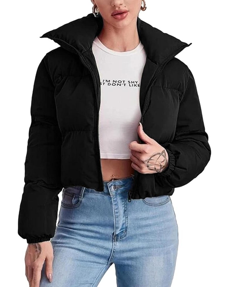 Women's Casual Cropped Quilted Zip Up Stand Collar Long Sleeve Puffer Jackets Short Puffy Coat Outerwear Z3 Black $16.11 Jackets